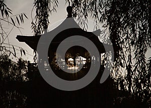 Chinese pavilion architectures in a park at sunset
