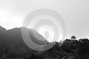 Chinese pavilion in the foothills, black and white image