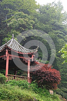 A chinese pavilion was built in a tea plantation in China photo