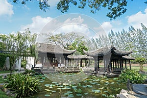 Chinese pavillion. A pavillion in ancient chinese architucture style by the water lily lake against the bright blue sky