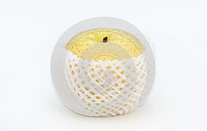 Chinese pear in bubble wrapped on white background