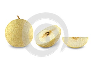 The Chinese pear or genus Pyrus fruit (full, half, piece) isolated on white background with clipping path