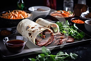 Chinese Peking duck over dark background, traditional gourmet dish.