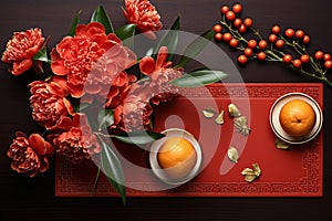 Chinese peony flower and orange symbol of wealth and prosperity, Chinese new year background. Generative AI