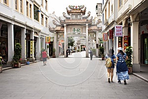 Chinese people and foreigner travelers travel and walk visit on Paifang Street in old town and ancient city center of Chaozhou