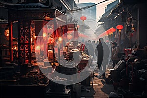 Chinese people market red lanterns and decorations