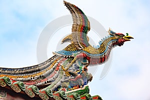 Chinese phoenix, Roof artwork, sculpture of dragon on Longshan Temple, Taipei, Taiwan