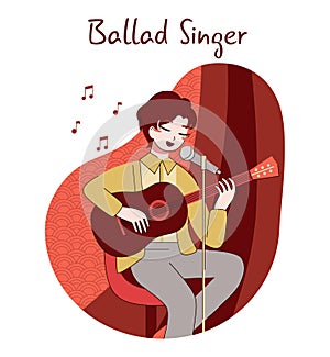 Chinese pop music. Ballad singer with a microphone. Young performer