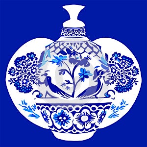 Chinese porcelain vase with floral pattern on a blue background generative AI