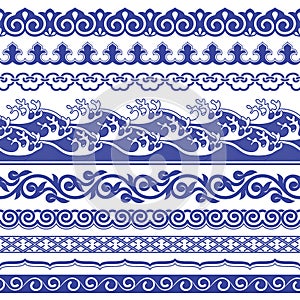 Chinese porcelane seamless borders vector set.