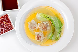 Chinese pork and shrimp dumpling soup