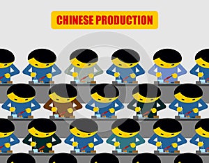 Chinese production. Lot of people at work. Chinese collected wor