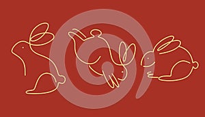 Chinese rabbit set. Golden traditional New Year zodiac animal, clouds and flowers, gold bunny silhouette on red background, 2023