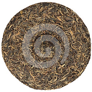 Chinese raw puerh tea with stone impress overhead view