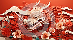 Chinese red dragon greating card. Chinese New Year Festival. Paper cut illustration style