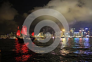 Chinese red junk with the victoria harbor night view background