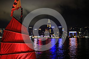 Chinese red junk with the victoria harbor night view background