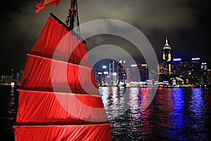 Chinese red junk with the victoria harbor night view background