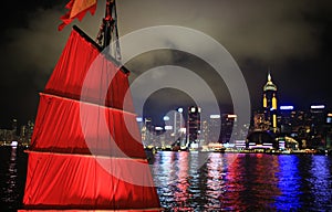 Chinese red junk with the victoria harbor night view background