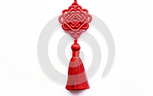 Chinese red knot with brush fringe isolated on white background.