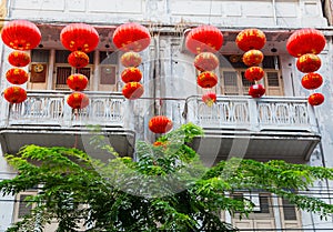 Chinese red lantern decoration for Chinese New Year Festival near balcony in Bangkok