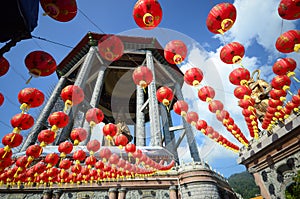 Chinese red lantern festival Happy Lunar Chinese New year. Celebrate chinese culture red golden lantern over blue sky sunshine