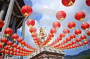 Chinese red lantern festival Happy Lunar Chinese New year. Celebrate chinese culture red golden lantern over blue sky sunshine