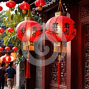 Chinese red lantern, traditional decoration for seasonal cultural new year celebration
