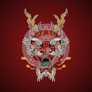Chinese Red Legendary Oriental Fire Dragon Head Vector Illustration Artwork