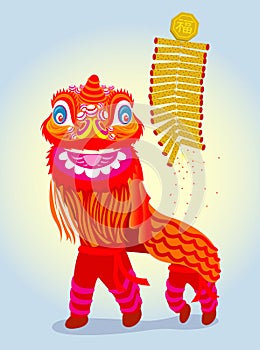 Chinese Red lion dancing with firecracker