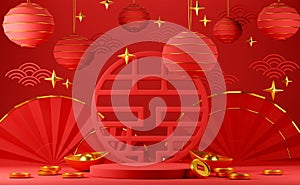 Chinese red luxury background with pedestal, podium, round stage