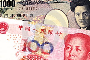 A Chinese renminbi one hundred yuan note with a Japanese yen bank note close up