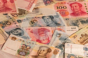 Chinese Renminbi RMB. People`s Currency. Yuan CNY banknotes