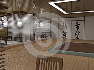 Chinese restaurant, interior visualization, 3D illustration
