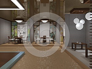 Chinese restaurant, interior visualization, 3D illustration