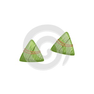 Chinese rice dumplings with bamboo leaf, symbol of Chinese traditional Boat Festival vector Illustration on a white