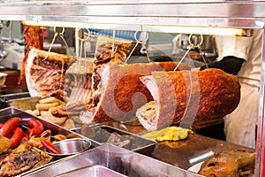 Chinese roast pork or Siu Yuk in shop for sale