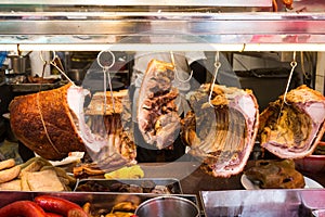 Chinese roast pork or Siu Yuk in shop for sale photo