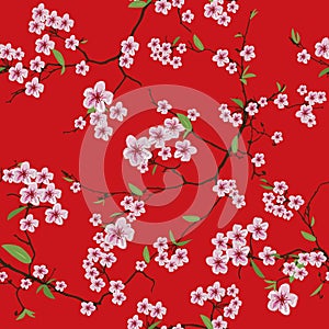 Chinese sakura red kimono seamless vector pattern