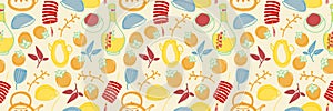 Chinese seamless pattern for new year or korean chuseok. Oriental background, flat simple style. Asian lantern, songpyeon, bottle