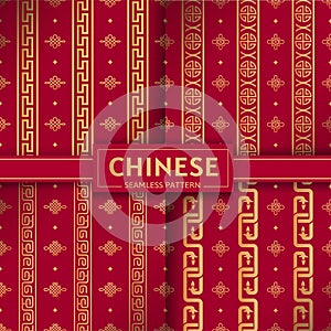 Chinese seamless patterns vector set. Geometric vertical chains, chinese knots patterns