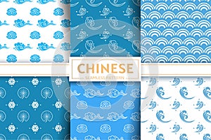 Chinese seamless patterns. Vector set. Lotus, clouds, waves textures