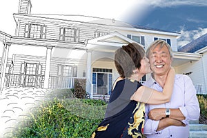 Chinese Senior Adult Couple Kissing In Front Of Custom House