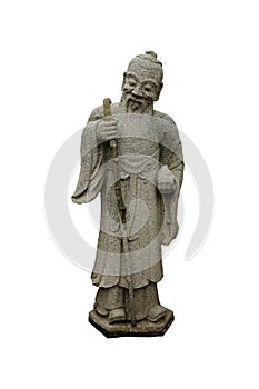 Granite carved antique Chinese savant holding a cane and a peach isolated on white background. photo