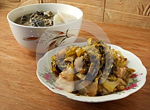 Chinese sour pickles fried meat and soup