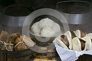 Chinese steamed buns filled with pork, street food in Nankin-machi neighborhood in Kobe, Japan.