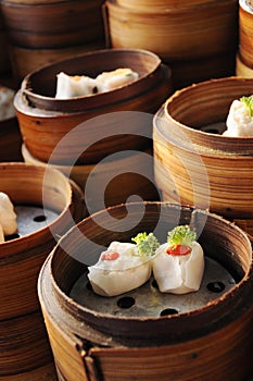 Chinese steamed dimsum in bamboo containers