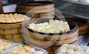 Chinese steamed dimsum in bamboo containers