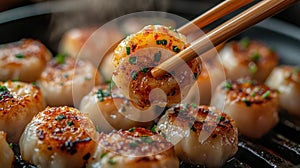 A chinese steamed dumpling held with chopsticks