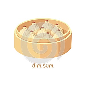 Chinese steamed pork bun dim sum on a bamboo tray, vector illustration